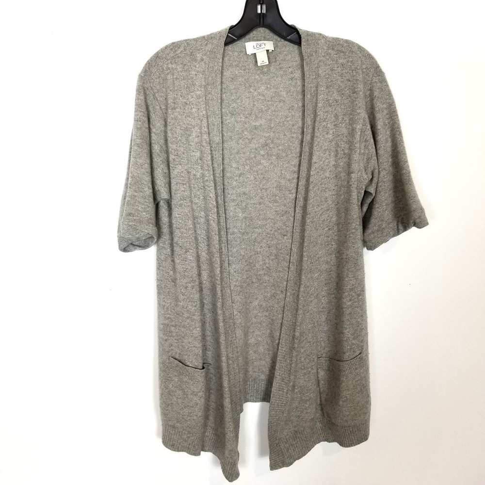 Loft Women 100% Cashmere Open Front Cardigan Sweater Sz M Gray Pockets Soft Cozy